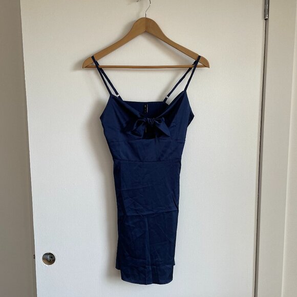 Zaful - Navy Blue Tie Front Satin Cami Dress - Picture 7 of 16